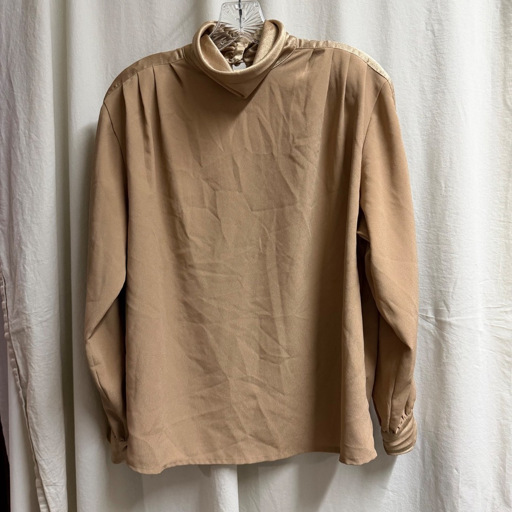 Oscar de la Renta Expressions Vintage Gold Tan Mock Neck Satin Trim Blouse 8